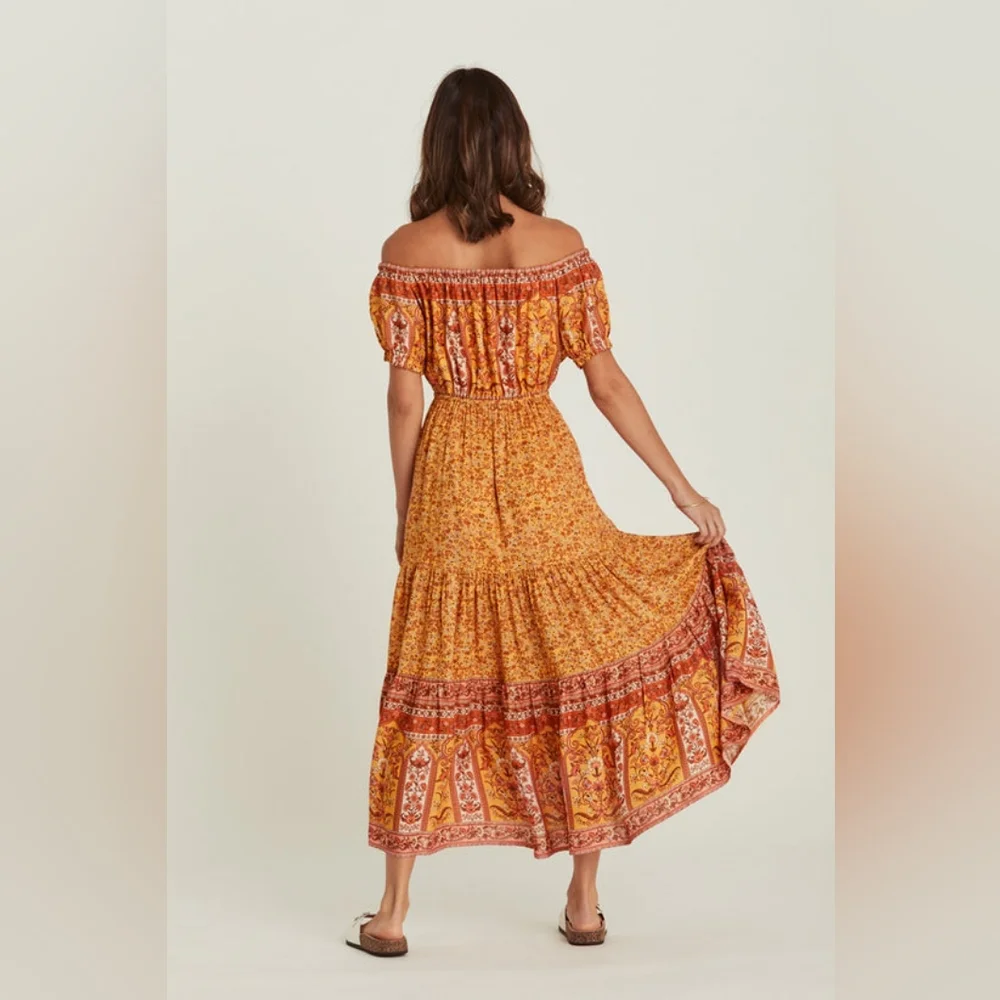 Arnhem Mimosa Orange Yellow Island Off Shoulder Midi Dress - Picture 3 of 7